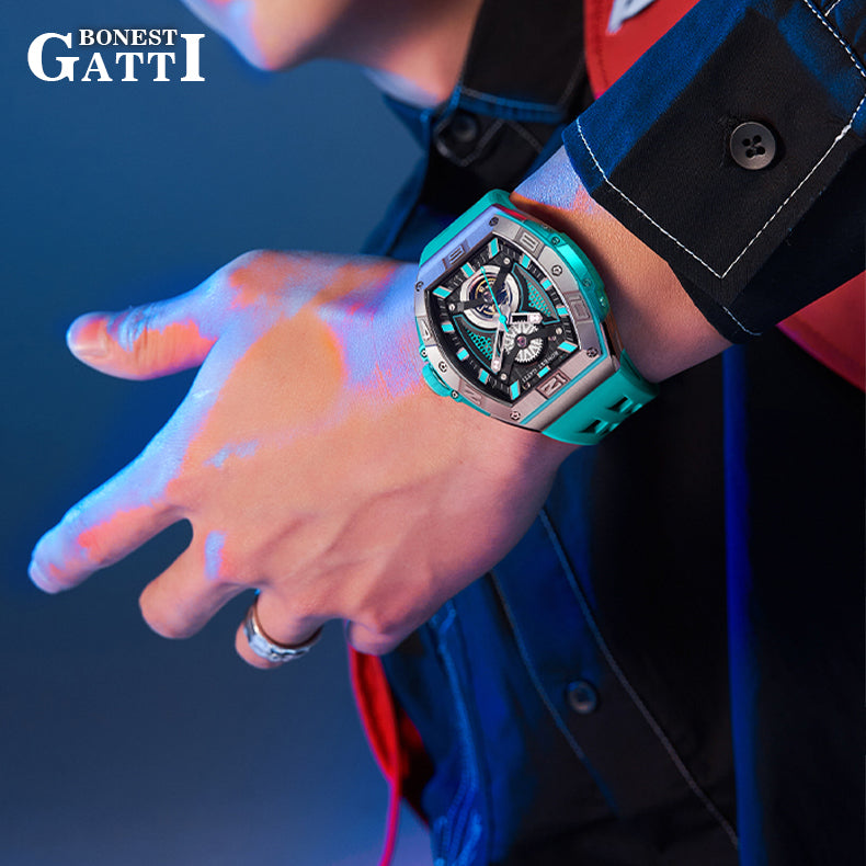 BONEST GATTI  361L Case Barrel shaped watch Skeleton Movement Crystal Sapphire Watch BG5701