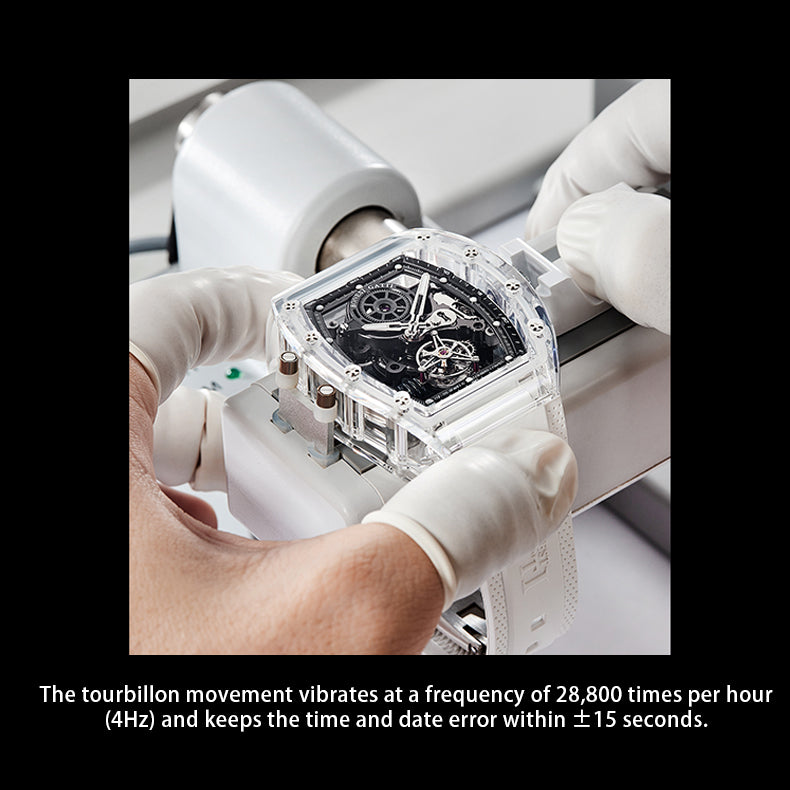 BONEST GATTI Tourbillon K9 Crystal Transparent Case Tonneau watch Skeleton Movement  Watch Fluororubber Strap BG7001