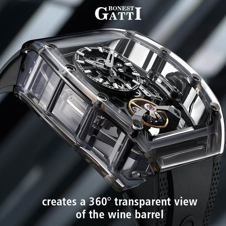 BONEST GATTI Barrel shaped K9 Crystal case Skeleton Movement Fluororubber Strap Watch Luminous BG9960