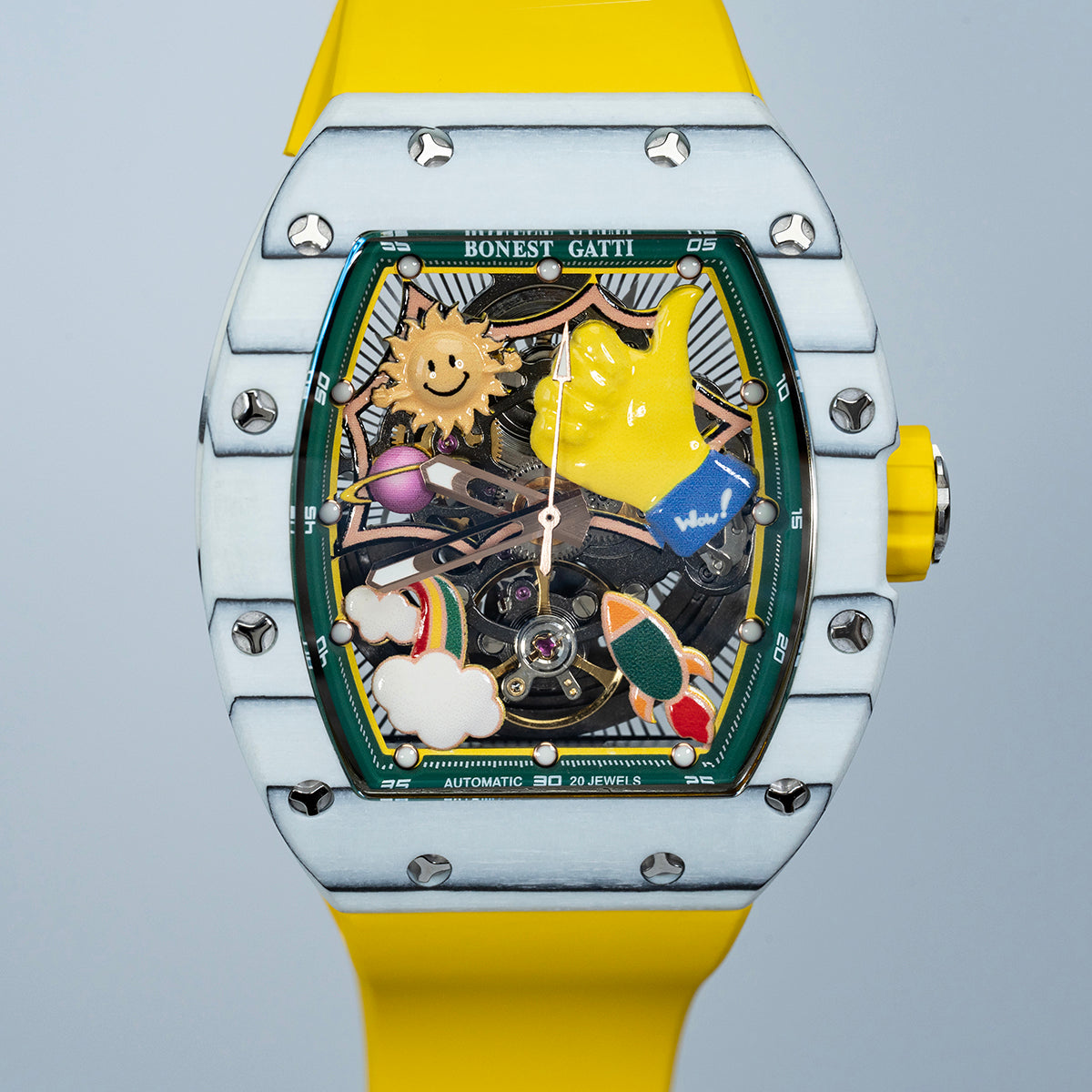 BONEST GATTI Carbon fiber + Aluminum alloy Case Barrel shaped Thumbs Up Series funny watch Skeleton Movement Crystal Sapphire Watch BG9001