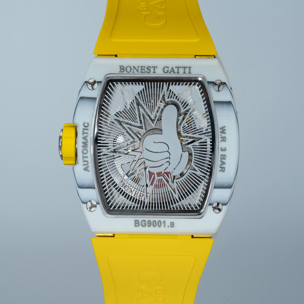 BONEST GATTI Carbon fiber + Aluminum alloy Case Barrel shaped Thumbs Up Series funny watch Skeleton Movement Crystal Sapphire Watch BG9001
