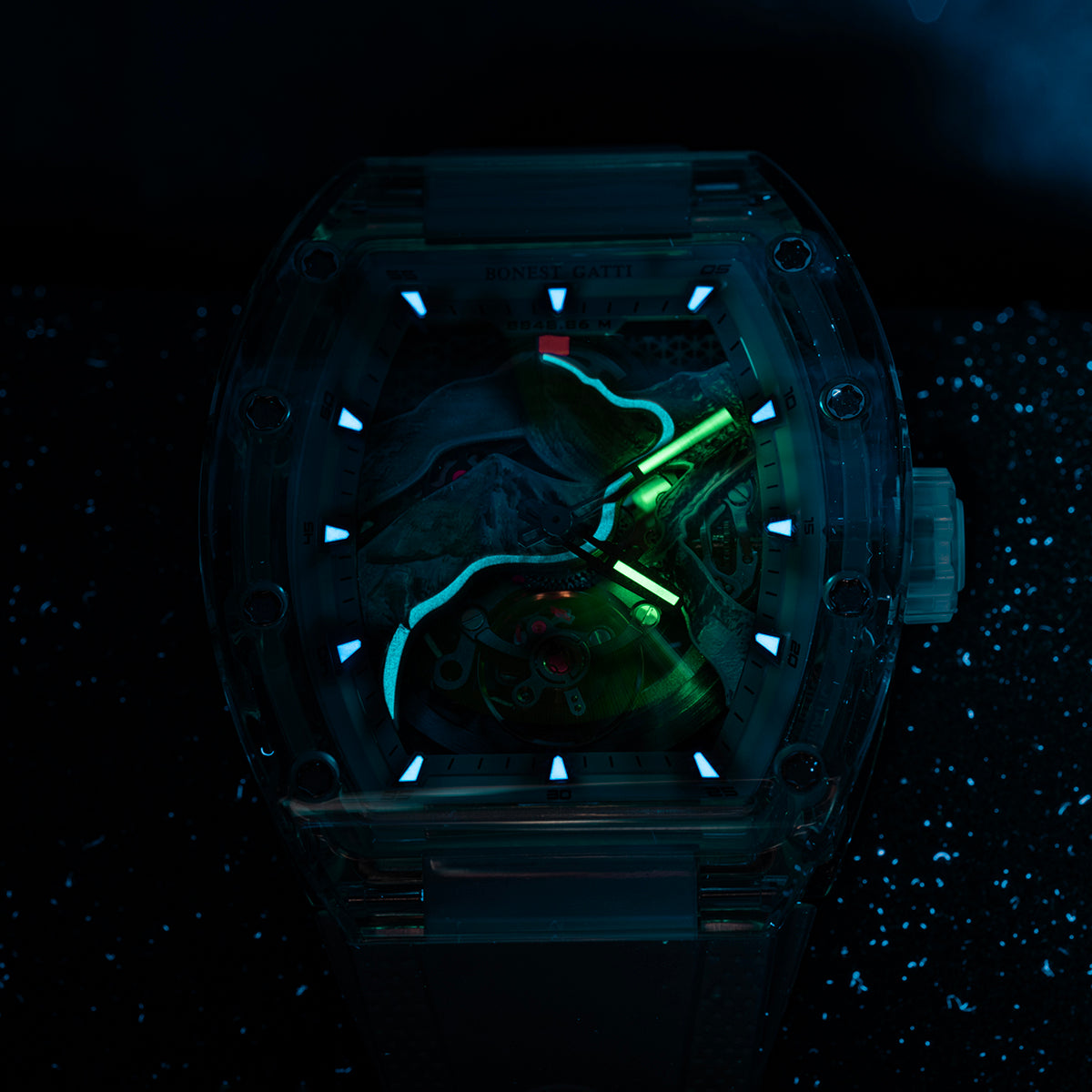 BONEST GATTI Carbon fiber + Aluminum alloy Case Barrel shaped road of climb 3D Mountain climber pattern Skeleton Movement Sapphire Crystal Watch BG9002