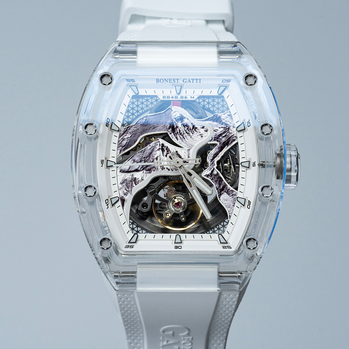 BONEST GATTI Carbon fiber + Aluminum alloy Case Barrel shaped road of climb 3D Mountain climber pattern Skeleton Movement Sapphire Crystal Watch BG9002