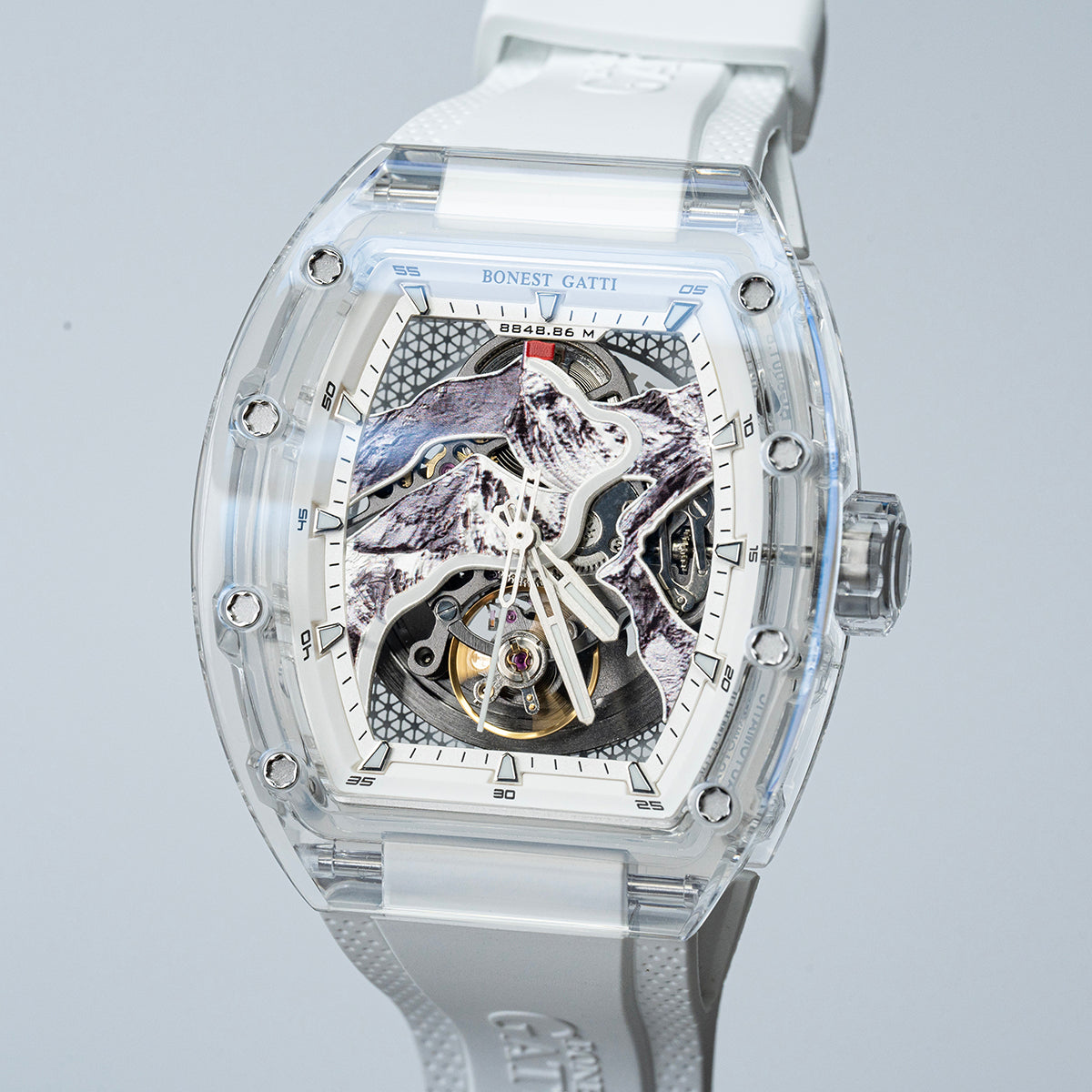 BONEST GATTI Carbon fiber + Aluminum alloy Case Barrel shaped road of climb 3D Mountain climber pattern Skeleton Movement Sapphire Crystal Watch BG9002