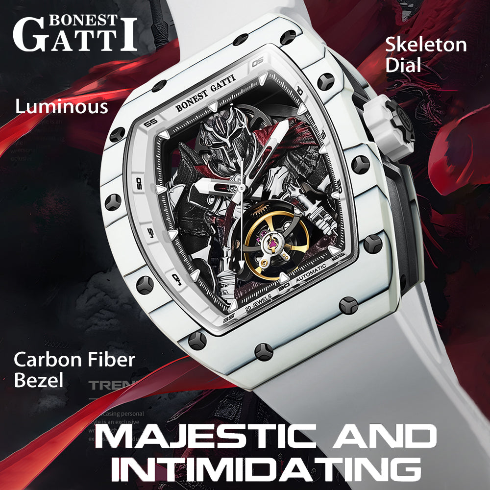 BONEST GATTI Automatic Tonneau Watch Spartan Warrior Series Carbon Fiber Skeleton Self Wind Movement Sapphire Crystal Luminous Watch BG9009