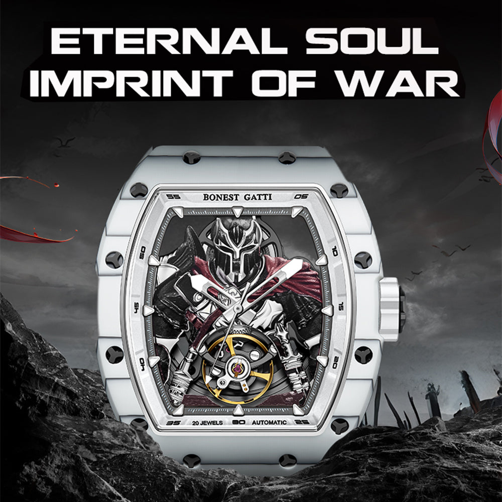 BONEST GATTI Automatic Tonneau Watch Spartan Warrior Series Carbon Fiber Skeleton Self Wind Movement Sapphire Crystal Luminous Watch BG9009
