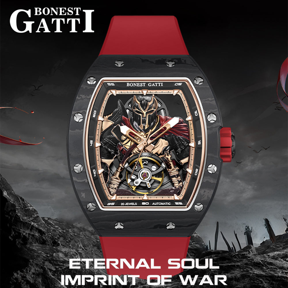 BONEST GATTI Automatic Tonneau Watch Spartan Warrior Series Carbon Fiber Skeleton Self Wind Movement Sapphire Crystal Luminous Watch BG9009