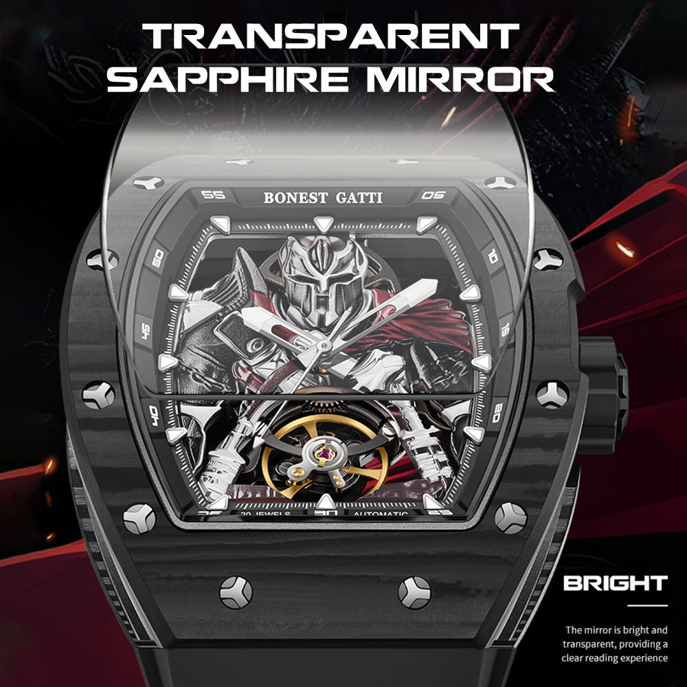 BONEST GATTI Automatic Tonneau Watch Spartan Warrior Series Carbon Fiber Skeleton Self Wind Movement Sapphire Crystal Luminous Watch BG9009