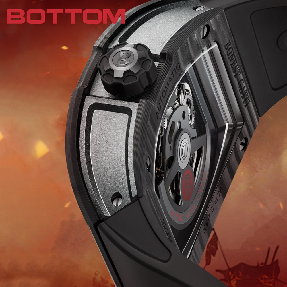 BONEST GATTI Automatic Tonneau Watch Spartan Warrior Series Carbon Fiber Skeleton Self Wind Movement Sapphire Crystal Luminous Watch BG9009