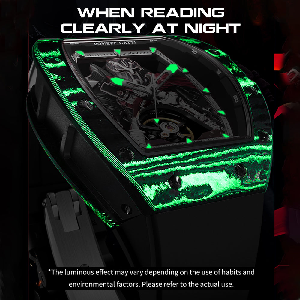 BONEST GATTI Automatic Tonneau Watch Spartan Warrior Series Carbon Fiber Skeleton Self Wind Movement Sapphire Crystal Luminous Watch BG9009