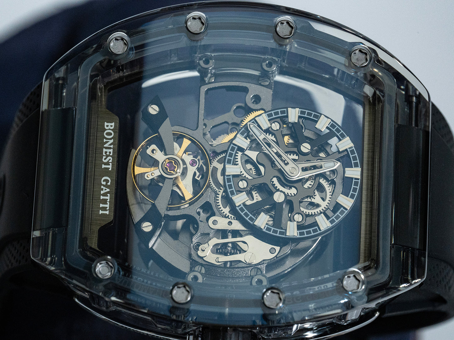 BONEST GATTI Barrel shaped K9 Crystal case Skeleton Movement Fluororubber Strap Watch Luminous BG9960