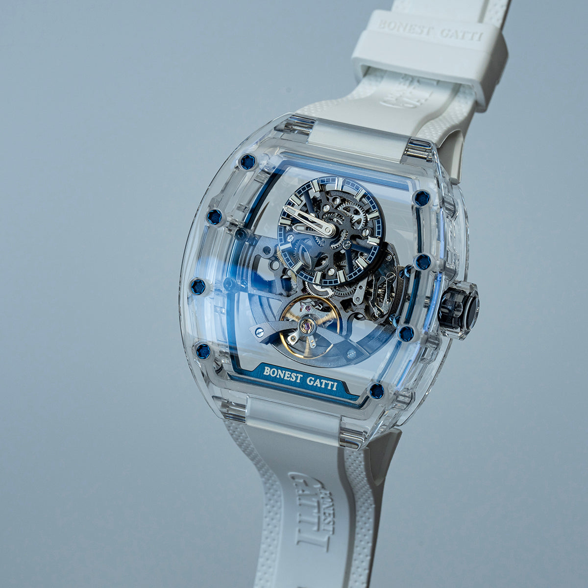 BONEST GATTI Barrel shaped K9 Crystal case Skeleton Movement Fluororubber Strap Watch Luminous BG9960