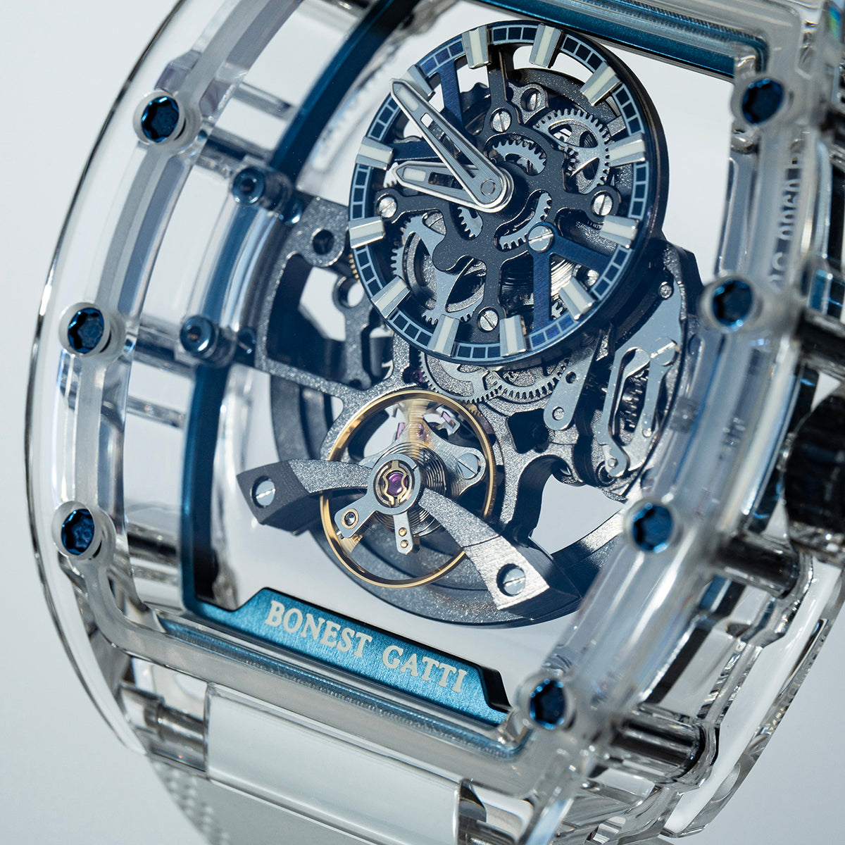 BONEST GATTI Barrel shaped K9 Crystal case Skeleton Movement Fluororubber Strap Watch Luminous BG9960