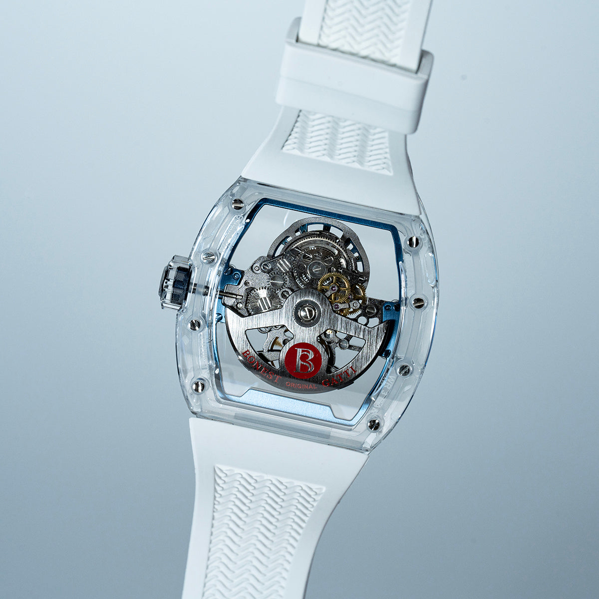 BONEST GATTI Barrel shaped K9 Crystal case Skeleton Movement Fluororubber Strap Watch Luminous BG9960