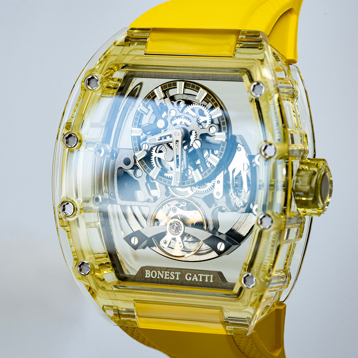 BONEST GATTI Barrel shaped K9 Crystal case Skeleton Movement Fluororubber Strap Watch Luminous BG9960