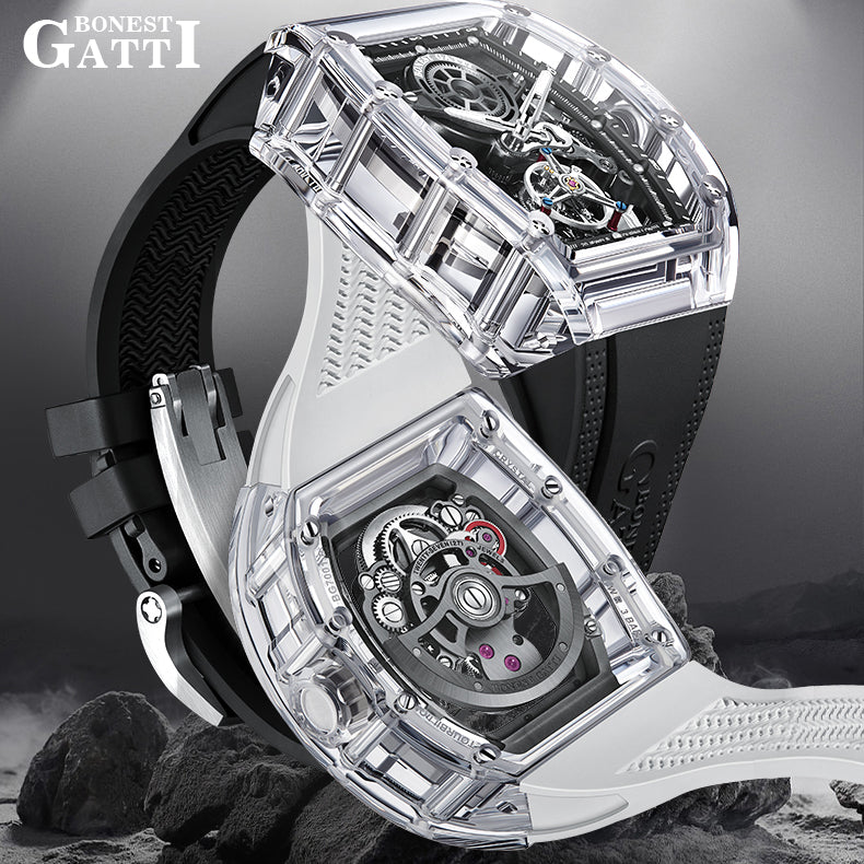 BONEST GATTI Tourbillon K9 Crystal Transparent Case Tonneau watch Skeleton Movement  Watch Fluororubber Strap BG7001