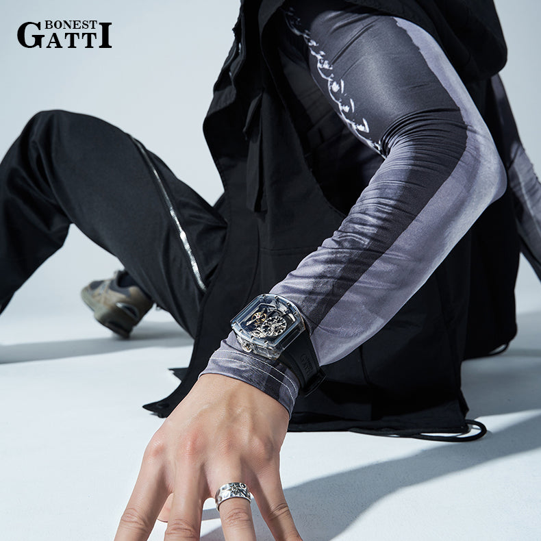 BONEST GATTI Barrel shaped Skeleton Movement Synthetic Sapphire Fluororubber Strap Watch Luminous BG9960