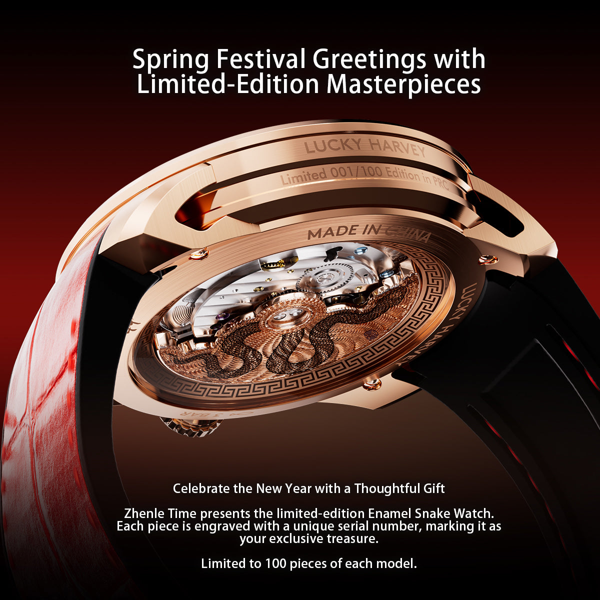 Lucky Harvey 2025 Red Enamel Snake Limited Edition Automata Chiming Mechanical New Watch for year of snake