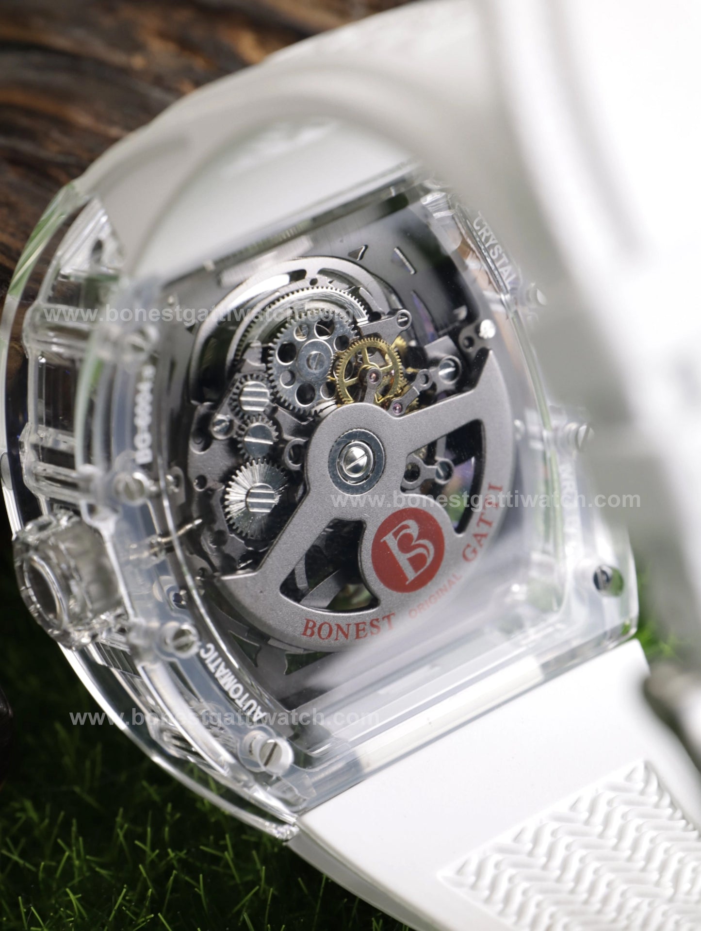 BONEST GATTI Transparent Tonneau Case 3D Snake Dial Skeleton Movement Fluororubber Strap Watch Luminous BG6004