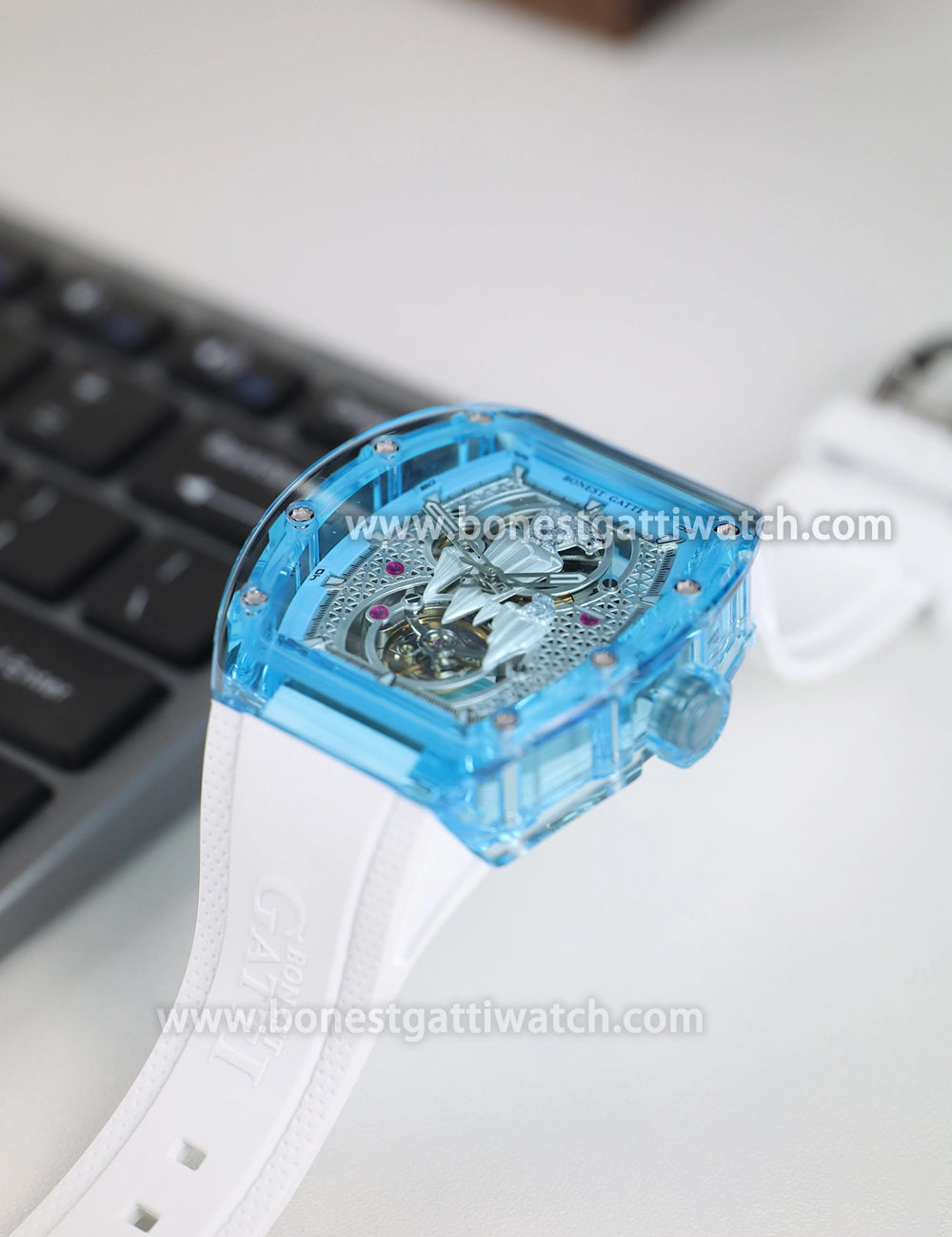 BONEST GATTI Crystal Case 3D Polar Bear Tonneau shaped Skeleton Movement K9 Crystal Case Fluororubber Strap Watch Luminous GB6002