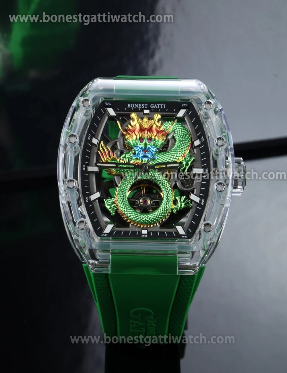 BONEST GATTI Crystal Case Dragon Barrel shaped Skeleton Movement K9 Crystal Case Fluororubber Strap Watch Luminous GB9980