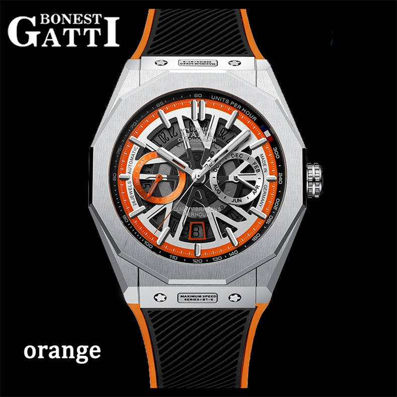 BONEST GATTI Men's Watch CITIZEN Movement Automatic Mechanical Watch Transparent Cover Roud Shaped Case Luminous 42h Rubber Strap GB9601-A