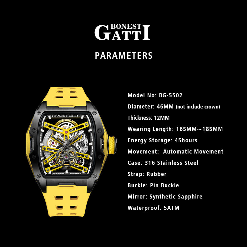 BONEST GATTI Black Knight Tonneau Skeleton Automatic Watch BG5502