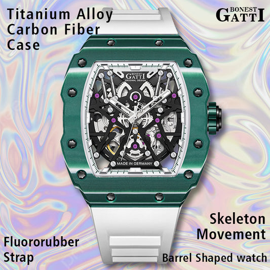 BONEST GATTI  Carbon Fiber Titanium Alloy Case Barrel shaped watch Skeleton Movement Watch BG9906