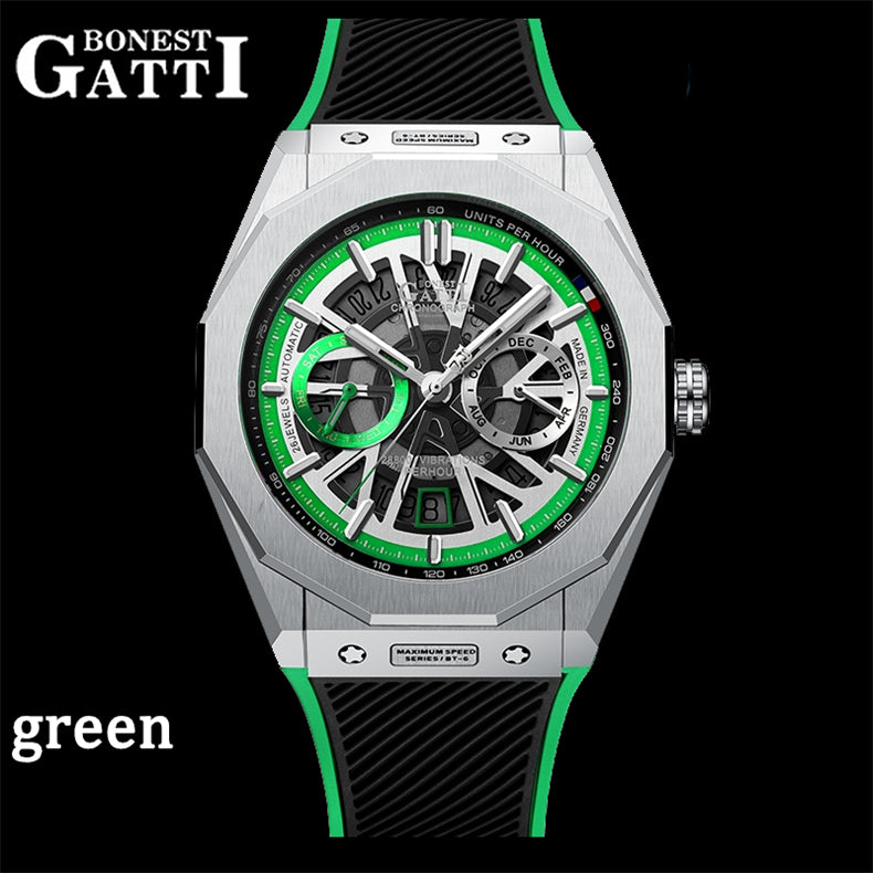 BONEST GATTI Men's Watch CITIZEN Movement Automatic Mechanical Watch Transparent Cover Roud Shaped Case Luminous 42h Rubber Strap GB9601-A