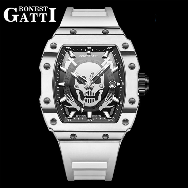 BONEST GATTI Carbon Fiber Skull Titanium Alloy Automatic Skeleton Movement Barrel Shaped Case Luminous Skull BG9908