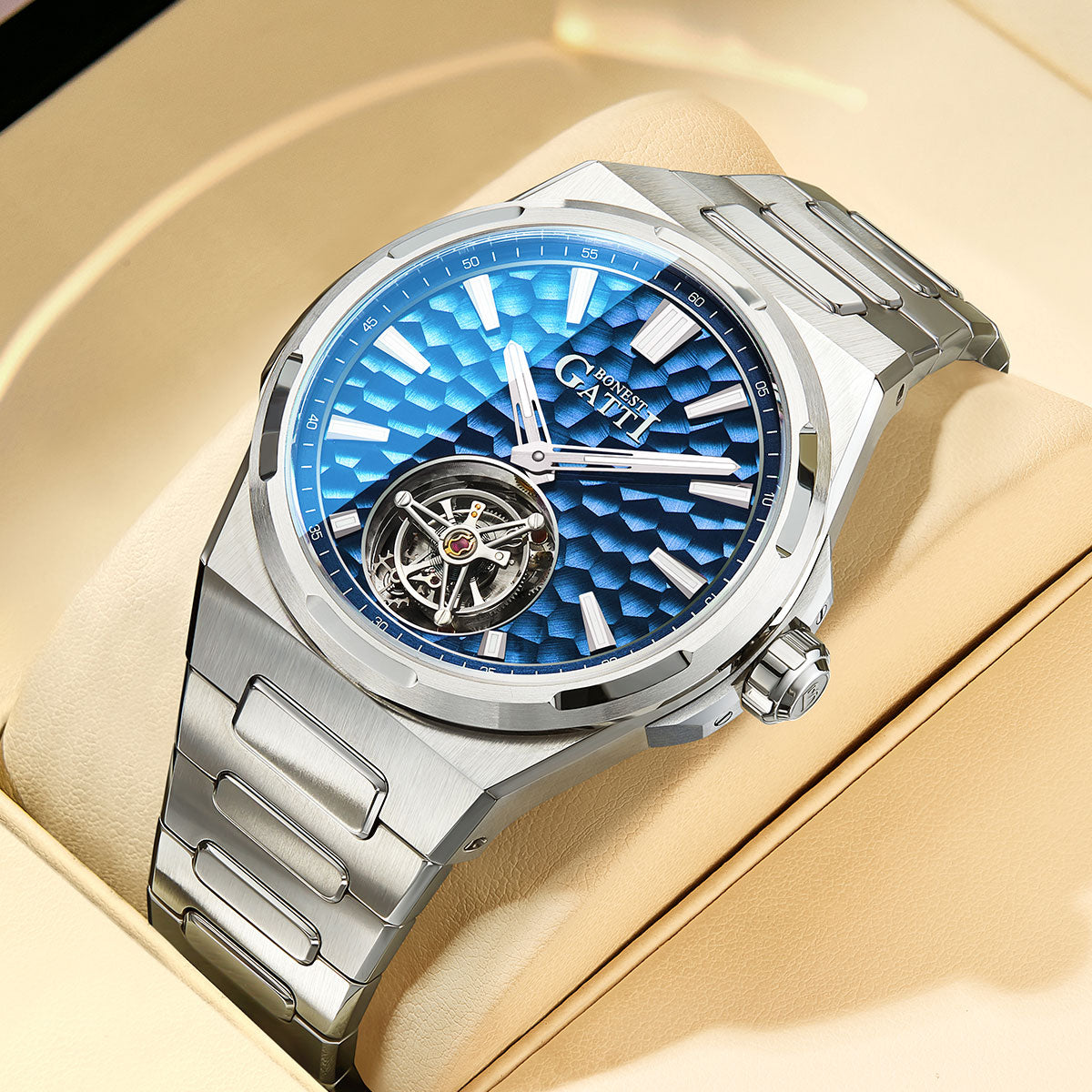 BONEST GATTI Hammer Pattern Automatic Tourbillon Watch Self Wind 80H Power Reserve Sapphire Crystal Luminous Watch BG7005