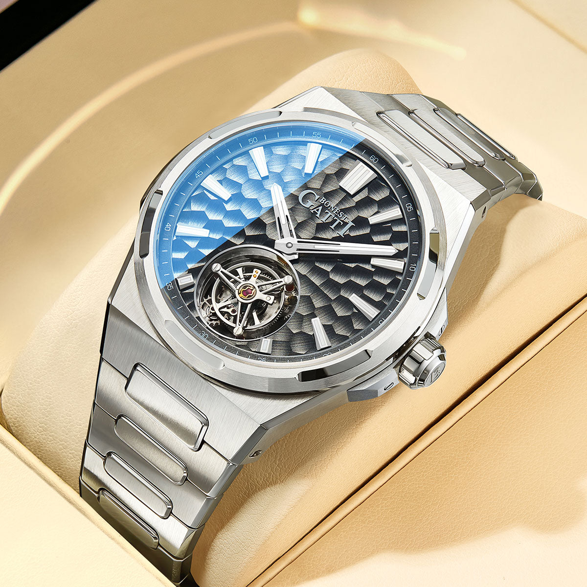 BONEST GATTI Hammer Pattern Automatic Tourbillon Watch Self Wind 80H Power Reserve Sapphire Crystal Luminous Watch BG7005