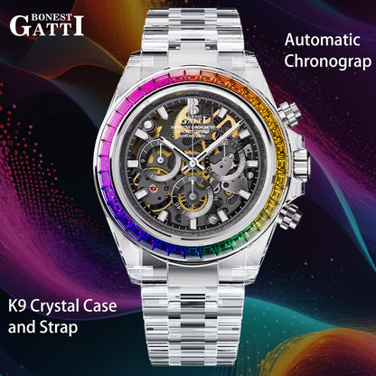 BONEST GATTI K9 Cryatal Case Strap Automatic Chronograph Watch BG6009