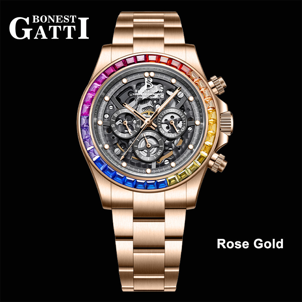 BONEST GATTI Gradient Gemstone Bezel Skeleton Automatic Chronograph Watch BG8018