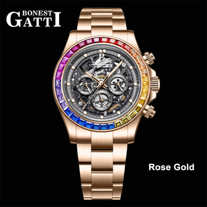 BONEST GATTI Gradient Gemstone Bezel Skeleton Automatic Chronograph Watch BG8018