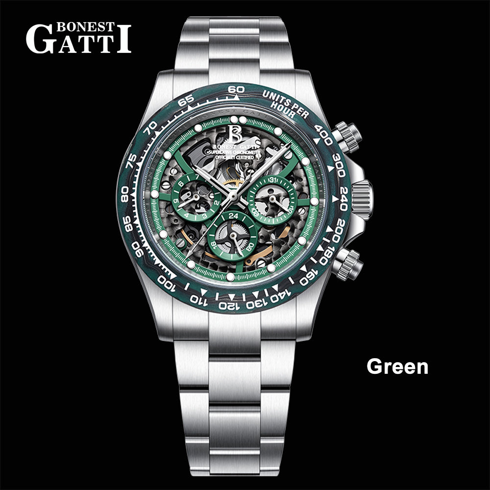 BONEST GATTI Carbon Fiber Bezel Skeleton Automatic Chronograph Watch BG8019