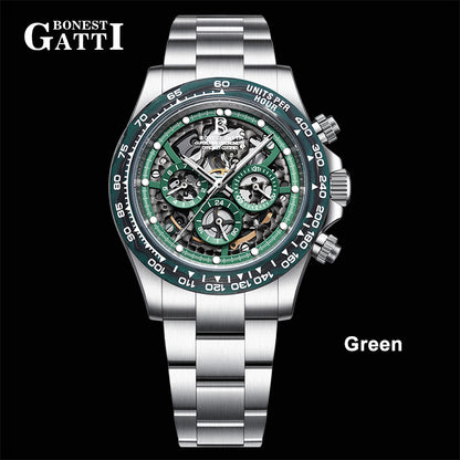 BONEST GATTI Carbon Fiber Bezel Skeleton Automatic Chronograph Watch BG8019
