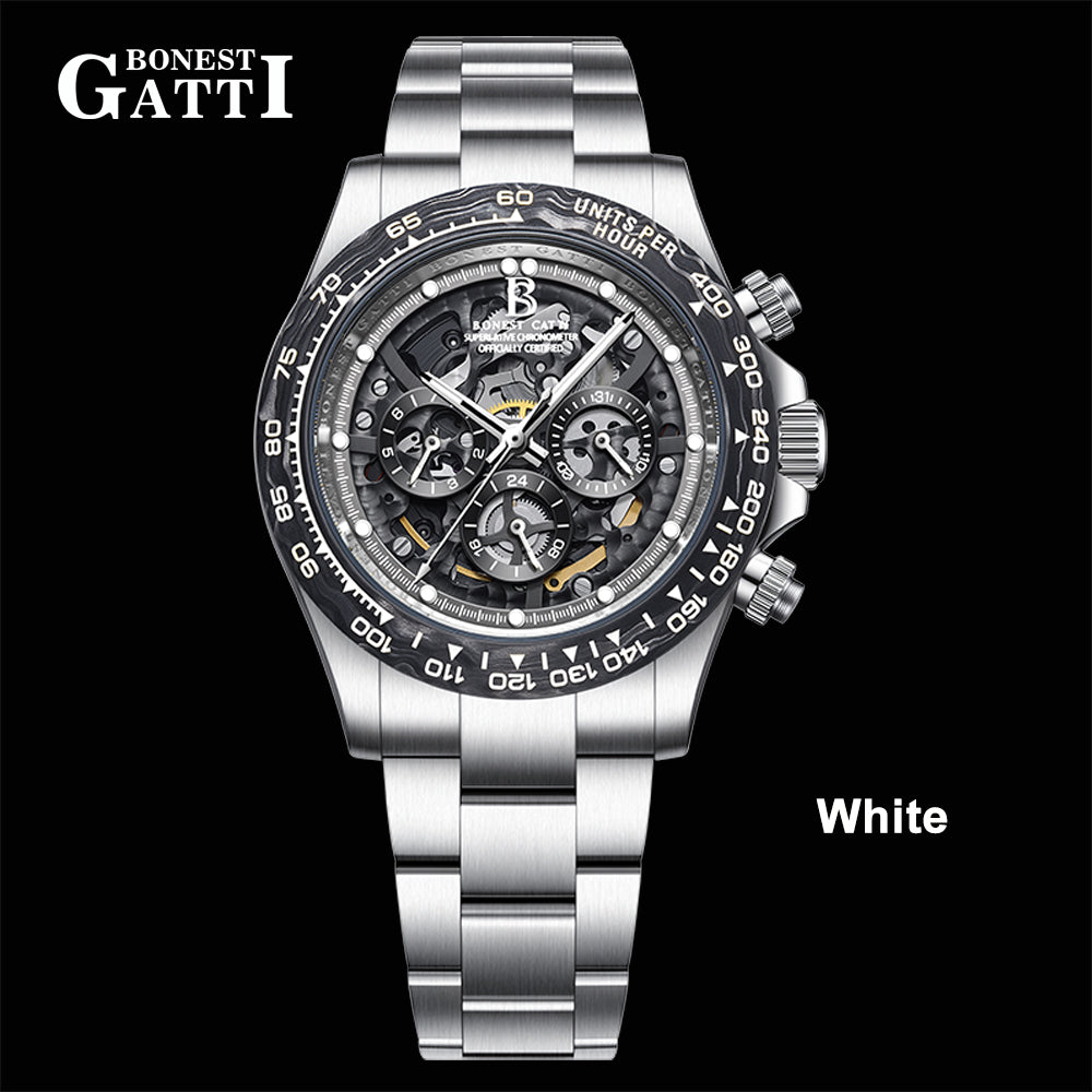 BONEST GATTI Carbon Fiber Bezel Skeleton Automatic Chronograph Watch BG8019