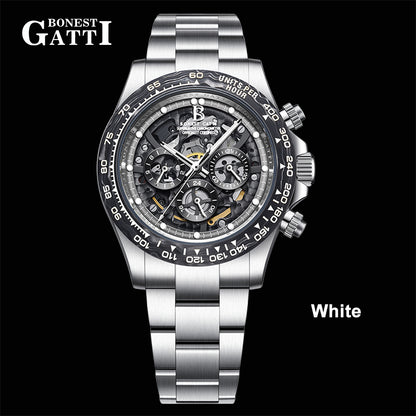 BONEST GATTI Carbon Fiber Bezel Skeleton Automatic Chronograph Watch BG8019