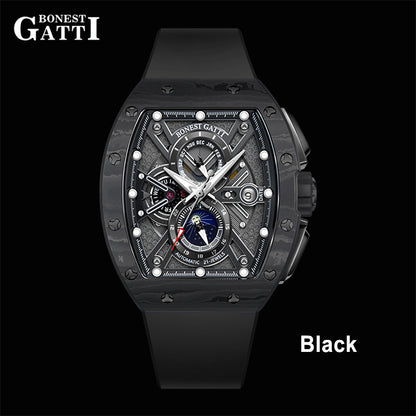 BONEST GATTI Automatic Tonneau Watch Carbon Fiber Month Week Date Display Skeleton Self Wind Movement Sapphire Crystal Luminous Watch BG9007