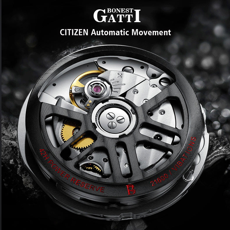 BONEST GATTI Roud Shaped Case CITIZEN Movement Automatic Mechanical Watch Luminous Multi-dial 42h Rubber Strap GB9601-A