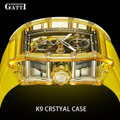 BONEST GATTI Tourbillon K9 Crystal Transparent Case Tonneau watch Skeleton Movement  Watch Fluororubber Strap BG7001