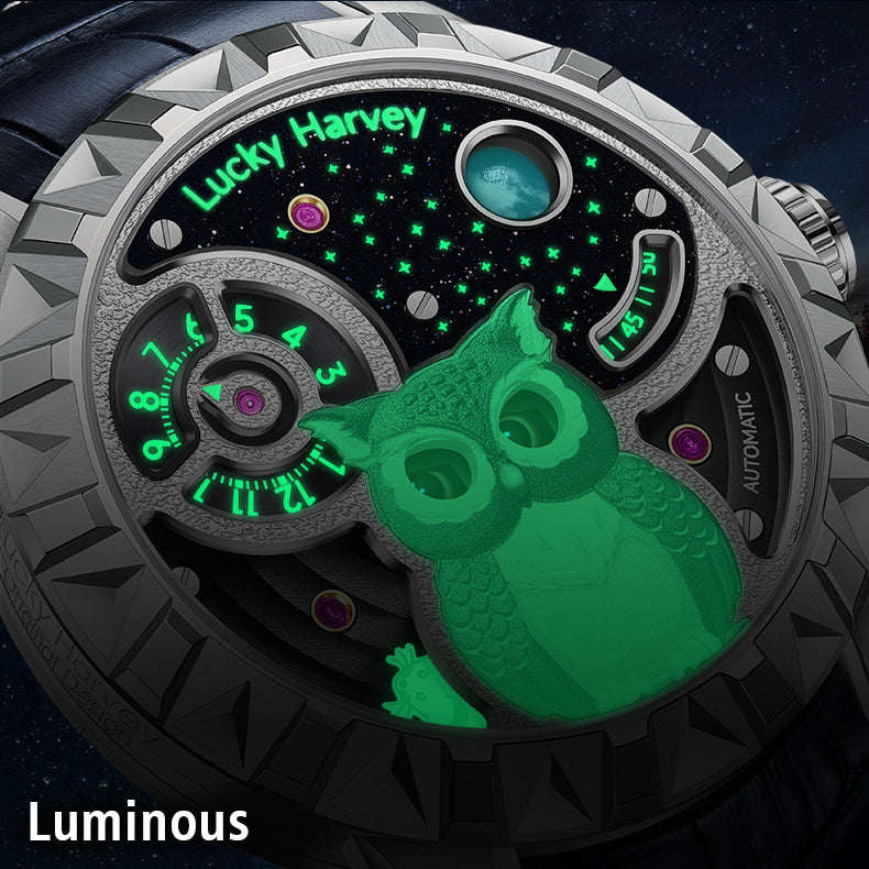 LUCKY HARVEY OWL Automaton Automatic Watch Round shaped Case Luminous