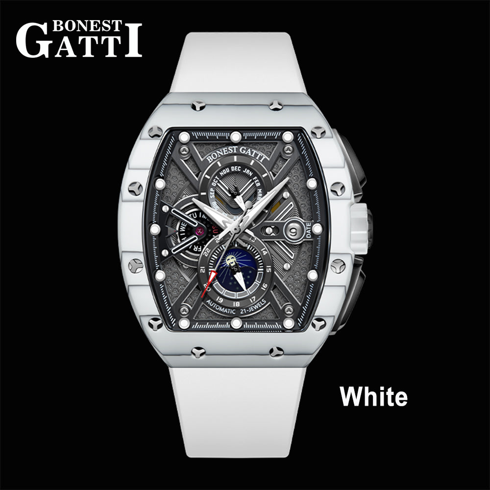 BONEST GATTI Automatic Tonneau Watch Carbon Fiber Month Week Date Display Skeleton Self Wind Movement Sapphire Crystal Luminous Watch BG9007