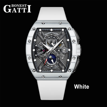 BONEST GATTI Automatic Tonneau Watch Carbon Fiber Month Week Date Display Skeleton Self Wind Movement Sapphire Crystal Luminous Watch BG9007