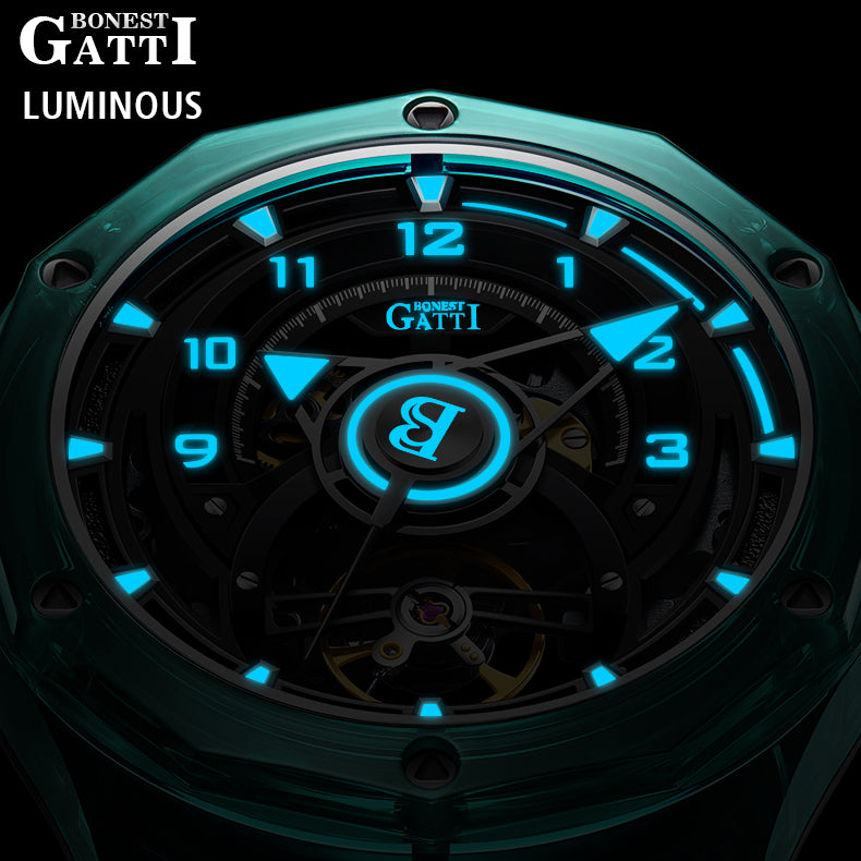 BONEST GATTI  Transparent Case Dodecagon Bezel Automatic Skeleton Movement Round Shaped Fluororubber Strap Watch BG5806