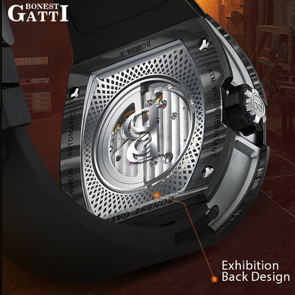 BONEST GATTI Carbon fiber + Aluminum alloy Case Barrel shaped Tonneau watch Skeleton Movement Sapphire Crystal Quick- Release Strap Watch BG9004