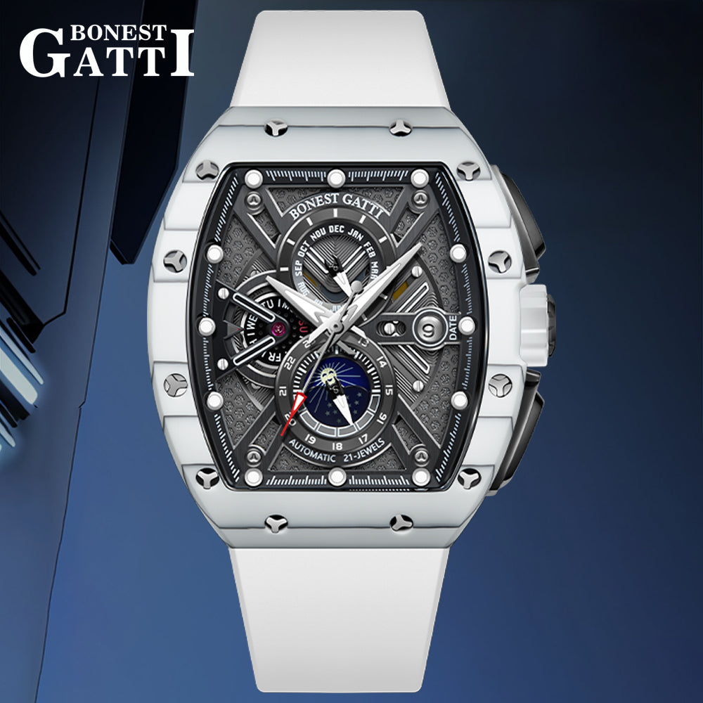BONEST GATTI Automatic Tonneau Watch Carbon Fiber Month Week Date Display Skeleton Self Wind Movement Sapphire Crystal Luminous Watch BG9007