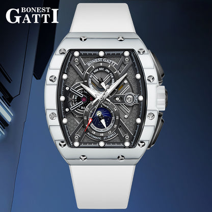 BONEST GATTI Automatic Tonneau Watch Carbon Fiber Month Week Date Display Skeleton Self Wind Movement Sapphire Crystal Luminous Watch BG9007