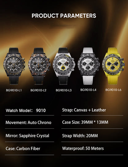 BONEST GATTI Carbon Fiber Automatic Chronograph Watch Self Wind Sapphire Crystal Luminous Waterproof Men Watch BG9010